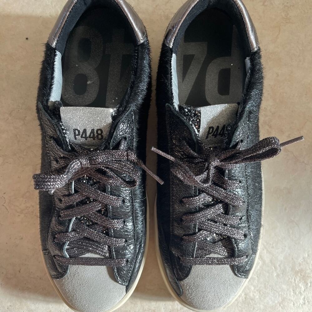 P448 Thea Nido Platform Sneakers Black Silver Leather Women’s EU 39